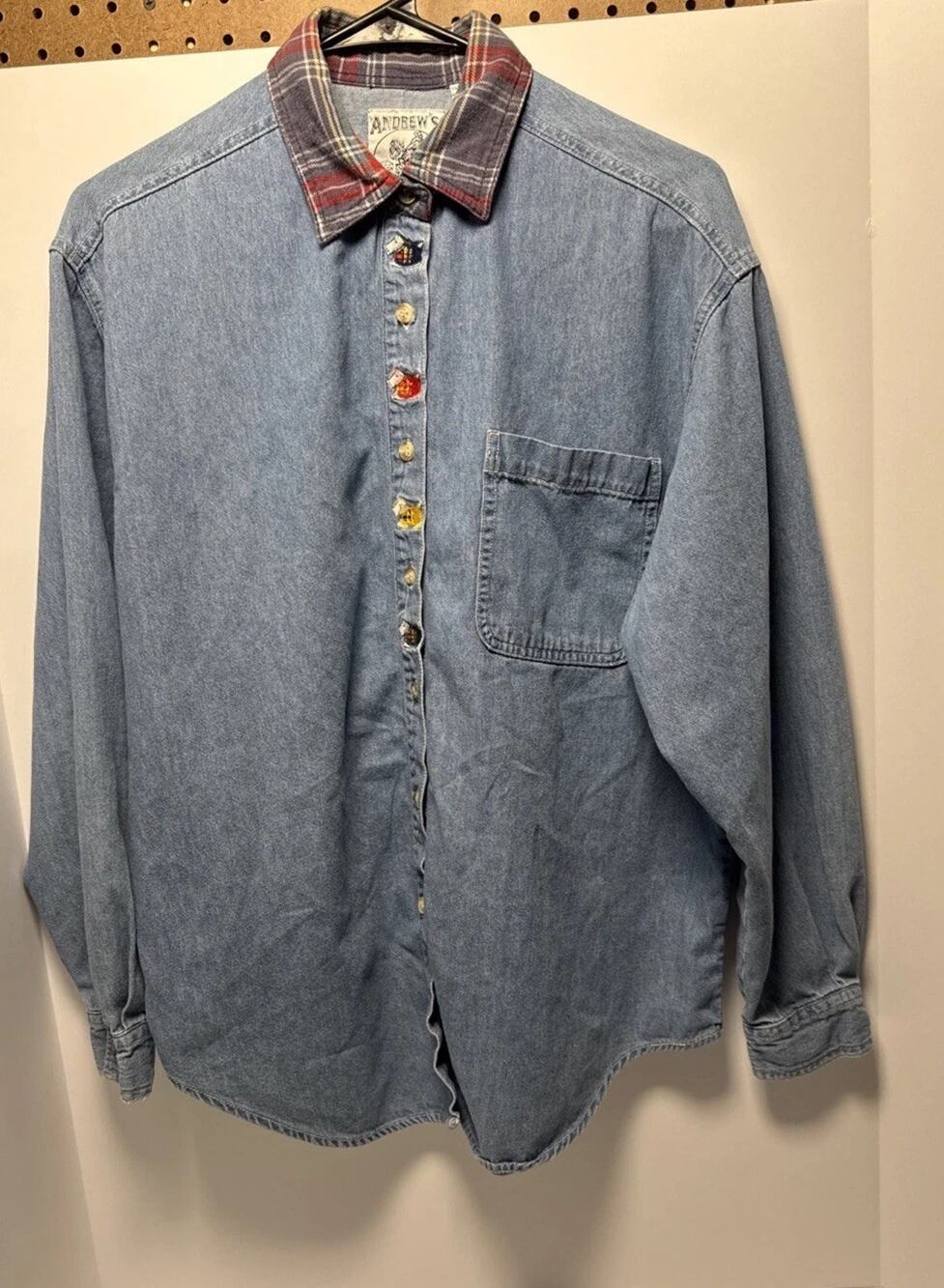 Andrew’s Blues Scotty Dog Pocket Denim Women’s Vtg Long Sleeve Button Up Shirt